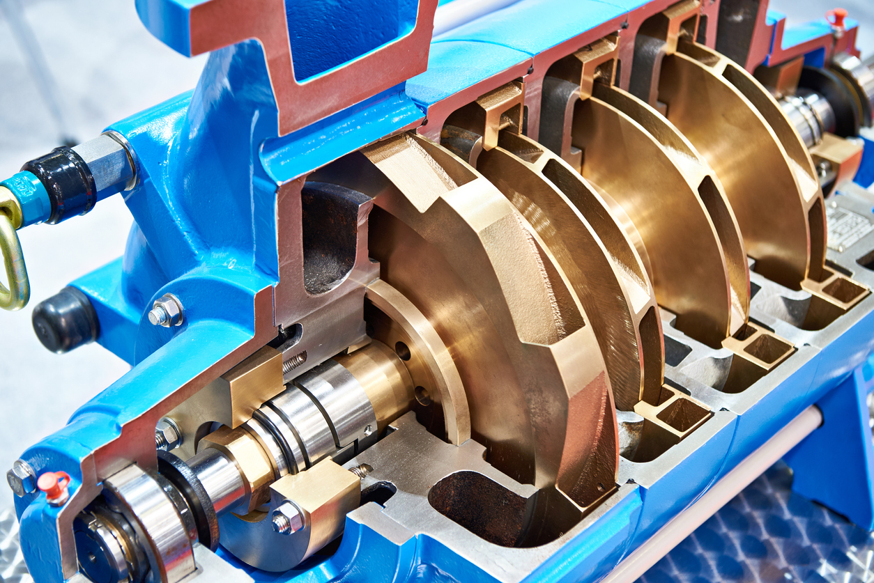 A cross section of a vibrant blue centrifugal pump featuring bronze cams & a silver axis